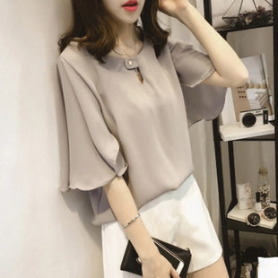 Chic Plus Size Korean Style Chiffon Blouse - Loose Fit Short Sleeve Top