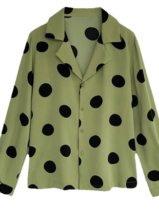 Elegant Polka Dot Shiffon Long-Sleeve Shirt for Women, Retro Spring Style