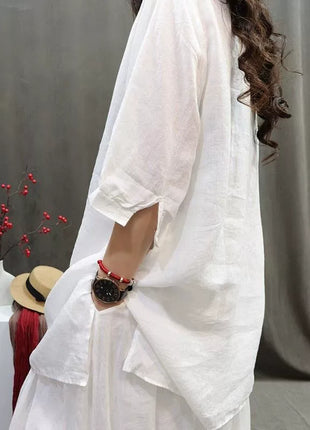 Women's Retro Embroidered Cotton Linen Oversize Mid-Length T-Shirt Blouse