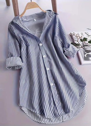 Women's Oversized European City Style Striped Long Sleeve Button-Up Shirt
