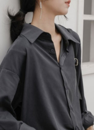 Stylish Oversized Retro Long-Sleeve Button-Up Shirt for Women, Polyester Fall Comfort