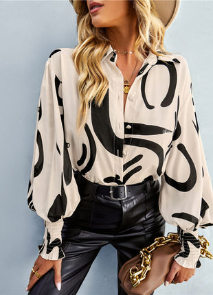 Elegant Women's Spring Floral Print Lantern Sleeve Polo Collar Loose Blouse