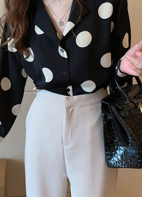 Elegant Polka Dot Shiffon Long-Sleeve Shirt for Women, Retro Spring Style