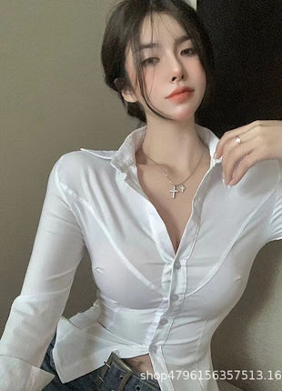 Chic Slim-Fit Long-Sleeve White Cotton Blend V-Neck Button-Up Shirt for Women