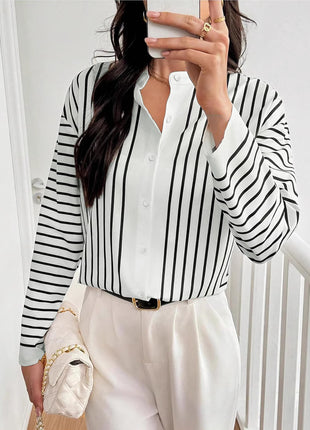 Chic Women's Striped Polo Collar Long Sleeve Blouse Top Casual Office