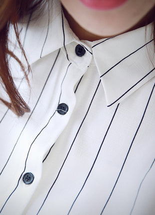 Women's Plus Size Striped Chiffon Mid-Length Button-Down Long Sleeve Blouse
