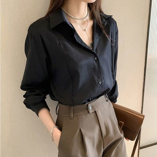 Elegant Women's Long-Sleeve Button-Down Shirt Versatile Polyester Blouse Top for Autumn