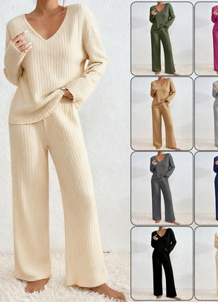 Women's Oversize V-Neck Ribbed Brushed Long-Sleeve Leisure Set for Fall Winter