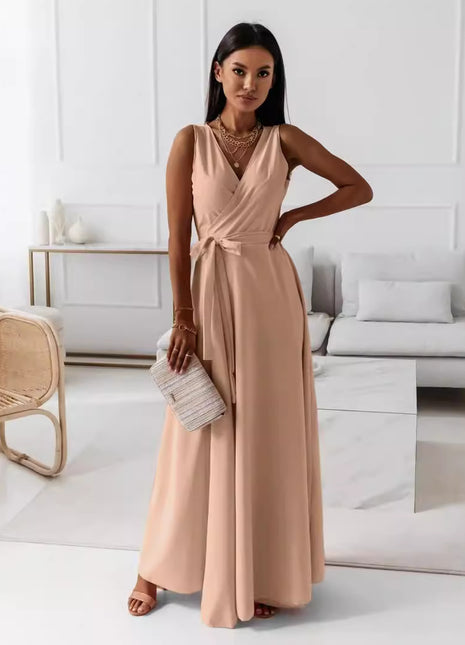Elegant European V-Neck Long Dress with Tie Waist, Sleeveless, A-Line Skirt