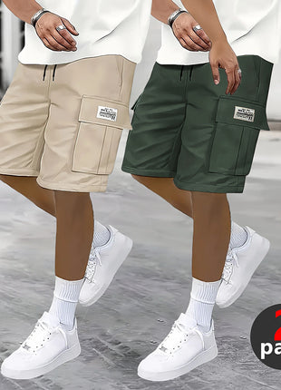 2-Piece Shorts Set European and American Casual Cargo Pants Plus Size Multi-Pocket Knee-Length Shorts Men's High-Waisted Straight-Leg Pants