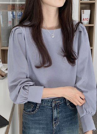 Elegant Korean Style Long Sleeve Round Neck Loose Fit Blouse Top