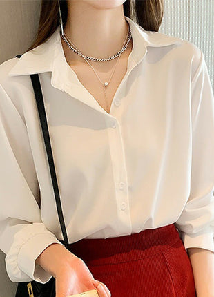 Elegant Women's White Chiffon Long-Sleeve Blouse - Chic Autumn Shirt Top