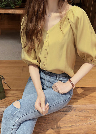 Elegant Korean Style Loose Fit Chiffon Short Sleeve V-Neck Blouse Top