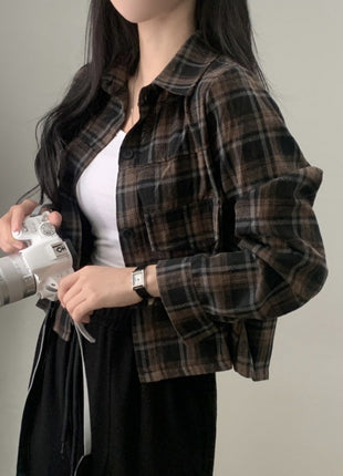 Chic Retro Plaid Long-Sleeve Shirt Jacket Women's Loose-Fit Korean French Autumn