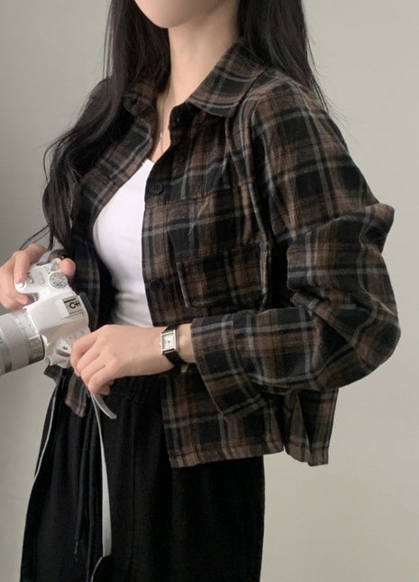 Chic Retro Plaid Long-Sleeve Shirt Jacket Women's Loose-Fit Korean French Autumn