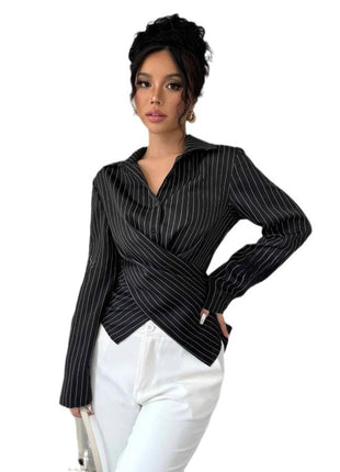 Chic European Style Long-Sleeve Button-Down Shirt - Elegant Slim Fit Blouse