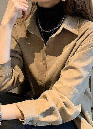 Women's Corduroy Retro Long-Sleeve Button-Up Shirt for Demi-Season Casual Style