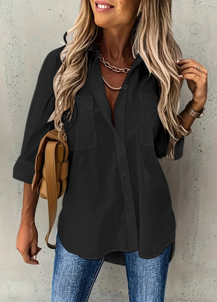 Women's Loose Fit Long-Sleeve Lapel Shirt with Pockets, European Style Blouse