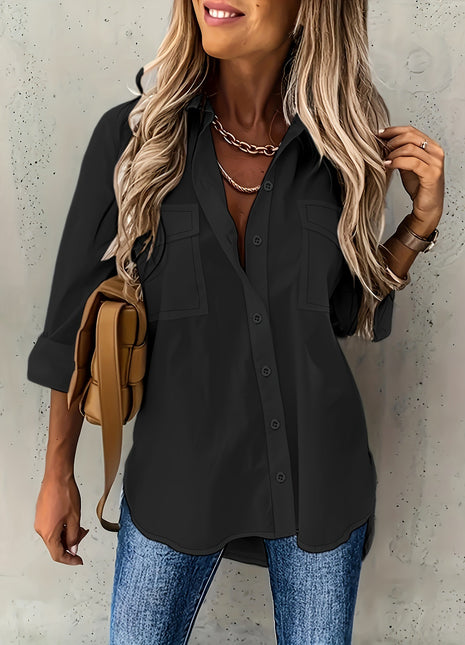 Women's Loose Fit Long-Sleeve Lapel Shirt with Pockets, European Style Blouse