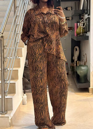 Chic Zebra Print Women's Long-Sleeve Shirt & Wide Leg Trousers Set
