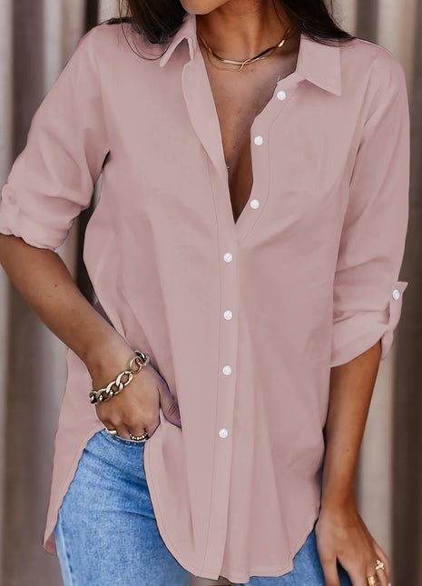 European Style Plus Size Loose Fit Minimalist Button-Front Long Sleeve Shirt