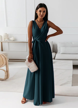 Elegant European V-Neck Long Dress with Tie Waist, Sleeveless, A-Line Skirt