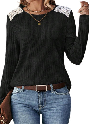 Chic European Ribbed Knit Lace Long Sleeve Round Neck Top