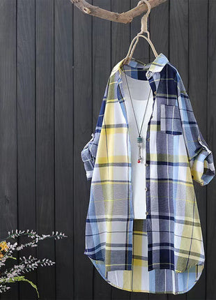 Women's Retro Plaid Long Sleeve Loose Cardigan Shirt with Pockets