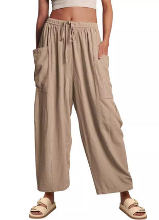 Women's European Style Cotton Linen High Waist Elastic Wide Leg Trousers