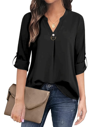 Stylish V-Neck Long-Sleeve Leisure Shirt for Women - European Button-Down