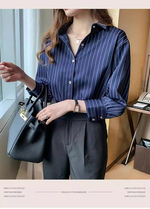 Women's Retro Striped Cardigan Shirt - Loose Fit Long Sleeve Blouse