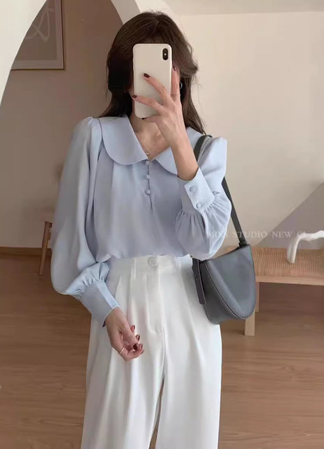 Chic Retro Summer Chiffon Shirt: Doll Collar, Puff Sleeves, Comfortable Style