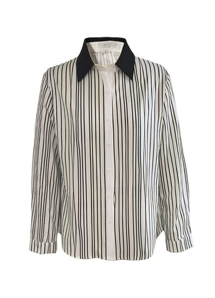 Chic Striped Long-Sleeve Polo Shirt Women's Early Autumn Versatile Commuter Top