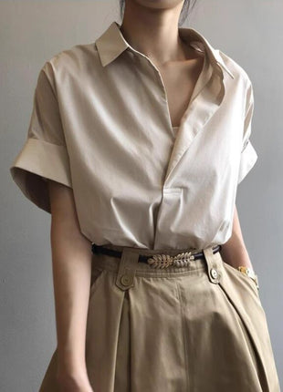 Chic Summer V-Neck Short Sleeve Blouse Loose Fit Retro Style Women's Shirt