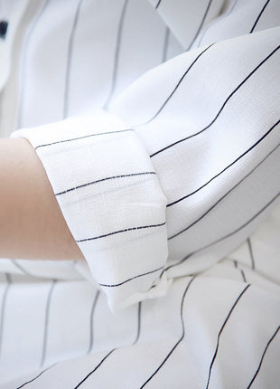 Women's Plus Size Striped Chiffon Mid-Length Button-Down Long Sleeve Blouse