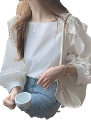 Retro Sexy French Style Square Neck Long-Sleeve Puff Sleeve Loose Fit Shirt