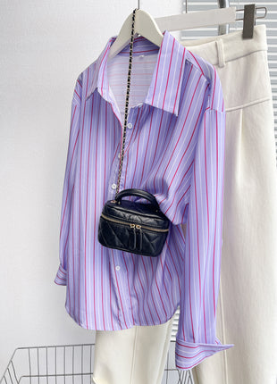 Chic European City Style Striped Oversized Long-Sleeve Casual Polyester Shirt