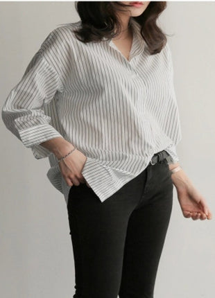 Stylish Blue Striped Loose Fit Long Sleeve Button-Down Shirt for Women