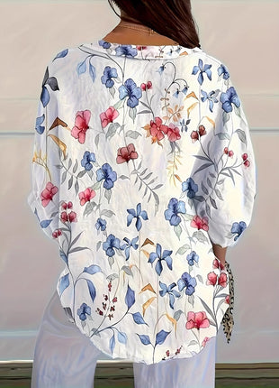 Stylish Women's Floral Print Long Sleeve Loose Casual Button-Up Blouse