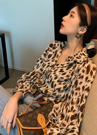 Retro Leopard Print Loose Fit Polyester Long-Sleeve Polo Collar Women's Blouse Shirt
