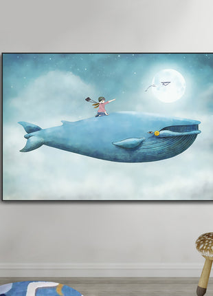 2D Flat, 1pc Large Modern Minimalist Whale Wall Art - Ocean Painting with Whale,  Framed Canvas Print in Sky Blue, for Living Room, Bedroom, Office Decor - Easy Hang Marine Life Poster Sea Decor, Home Decoration