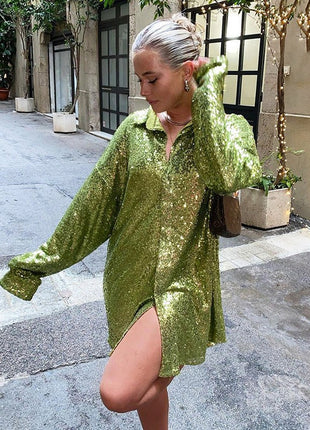 Dazzling Sequin Oversize Mid-Length Shirt - European Style Long Sleeve Top