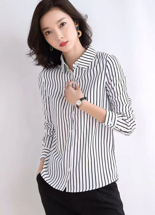 Chic Women's Striped Polo Collar Long-Sleeve Polyester Slim Fit Blouse