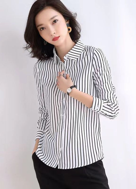 Chic Women's Striped Polo Collar Long-Sleeve Polyester Slim Fit Blouse