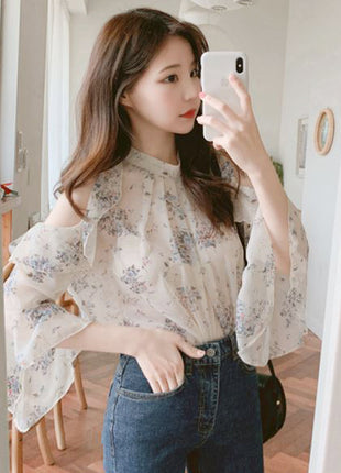 Women's Floral Chiffon Off-Shoulder Blouse with Elegant Bell Sleeves