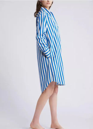 Chic Blue Striped Loose Fit Lapel Long Sleeve Cardigan Shirt Dress