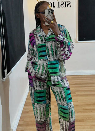 Chic European Style Women's Long-Sleeve Leisure Geometric Print Two-Piece Set