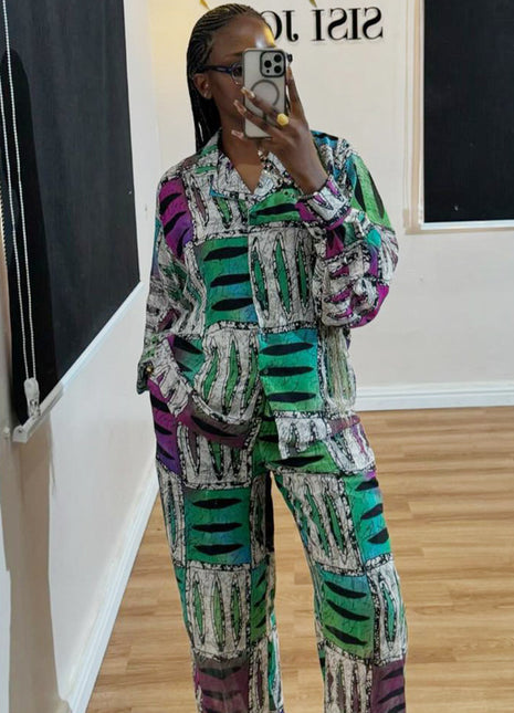 Chic European Style Women's Long-Sleeve Leisure Geometric Print Two-Piece Set