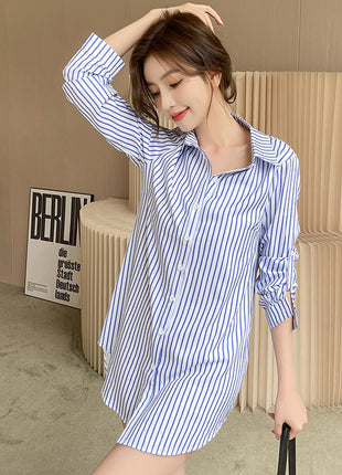 Korean Style Striped Asymmetric Long Sleeve Loose Fit Women's Shirt Jacket