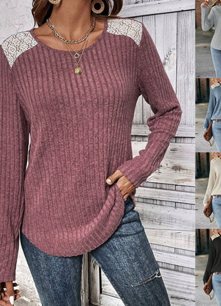 Chic European Ribbed Knit Lace Long Sleeve Round Neck Top